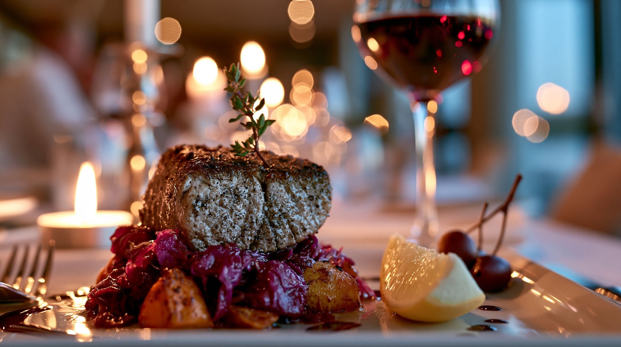 A plated main course by candlelight with a glass of red wine